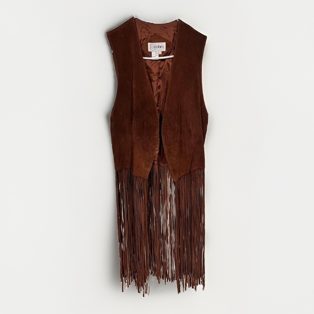 Vintage Cedars Vest Womens Medium Brown Leather Long Fringe Boho Western Hippie